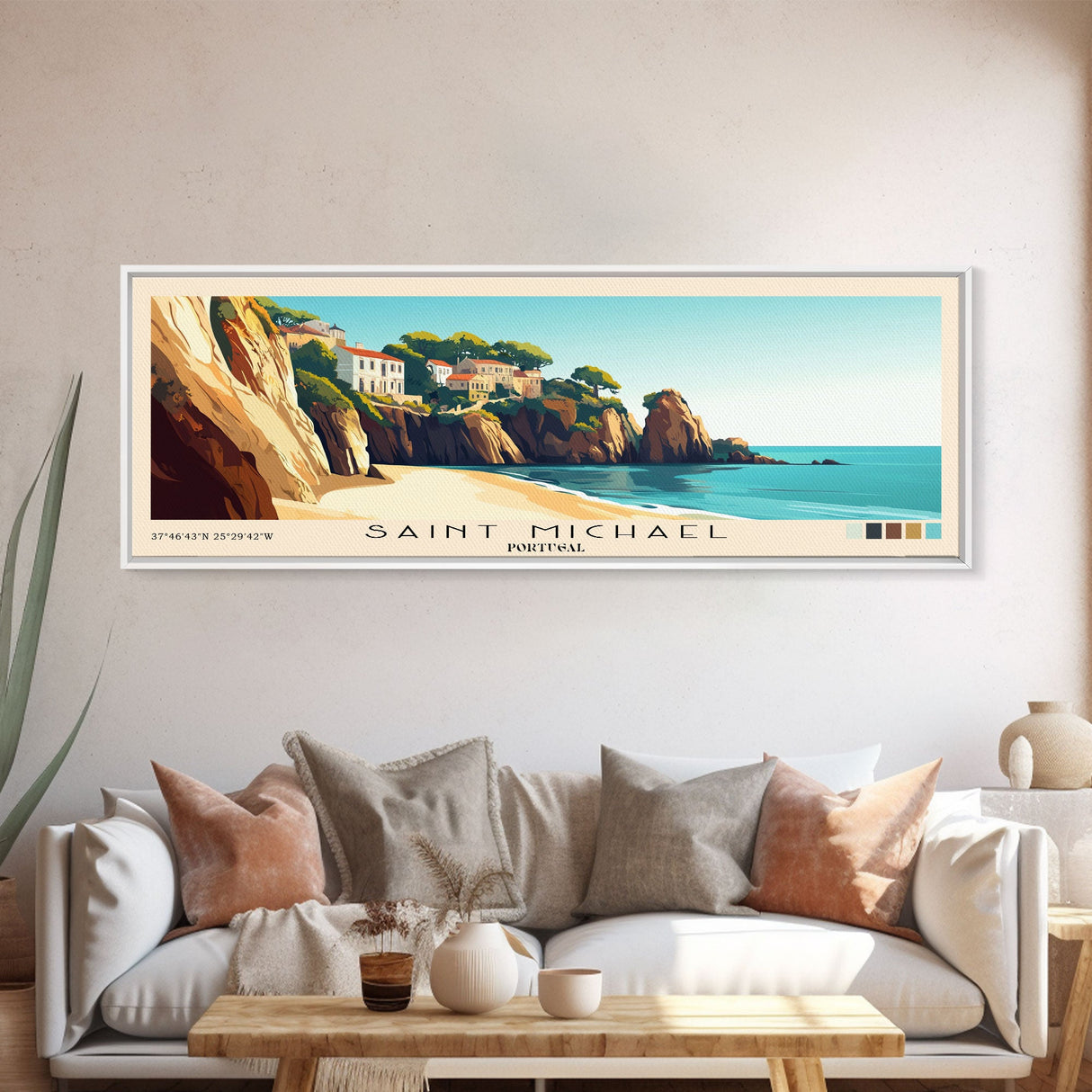 Saint Michael, Portugal Panoramic Print, Vacation Gift, Portugal Wall Art, Beach Painting, Beach Decor, Large Wall Art, Wood Frame Art