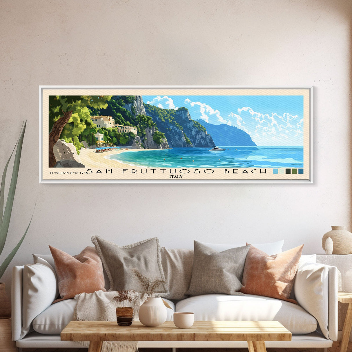 San Fruttuoso Beach, Italy Panoramic Print, Vacation Gift, Italy Wall Art, Beach Painting, Beach Decor, Large Wall Art, Wood Frame Art