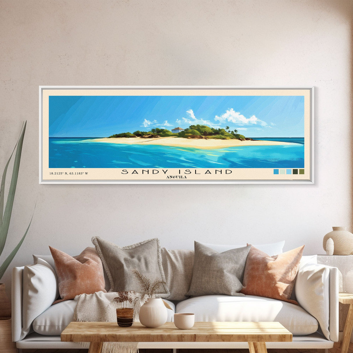 Sandy Island, Anguila Panoramic Print, Vacation Gift, Anguila Wall Art, Beach Painting, Beach Decor, Large Wall Art, Wood Frame Art