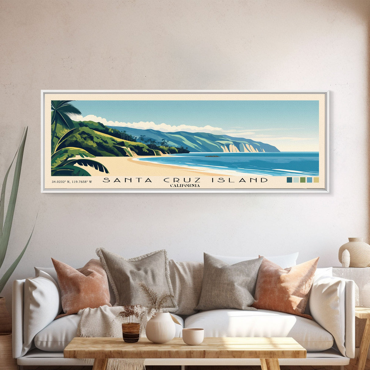 Santa Cruz Island, California Panoramic Beach Print, Vacation Gift, California Wall Art, Framed Canvas Print, Framed Beach Painting