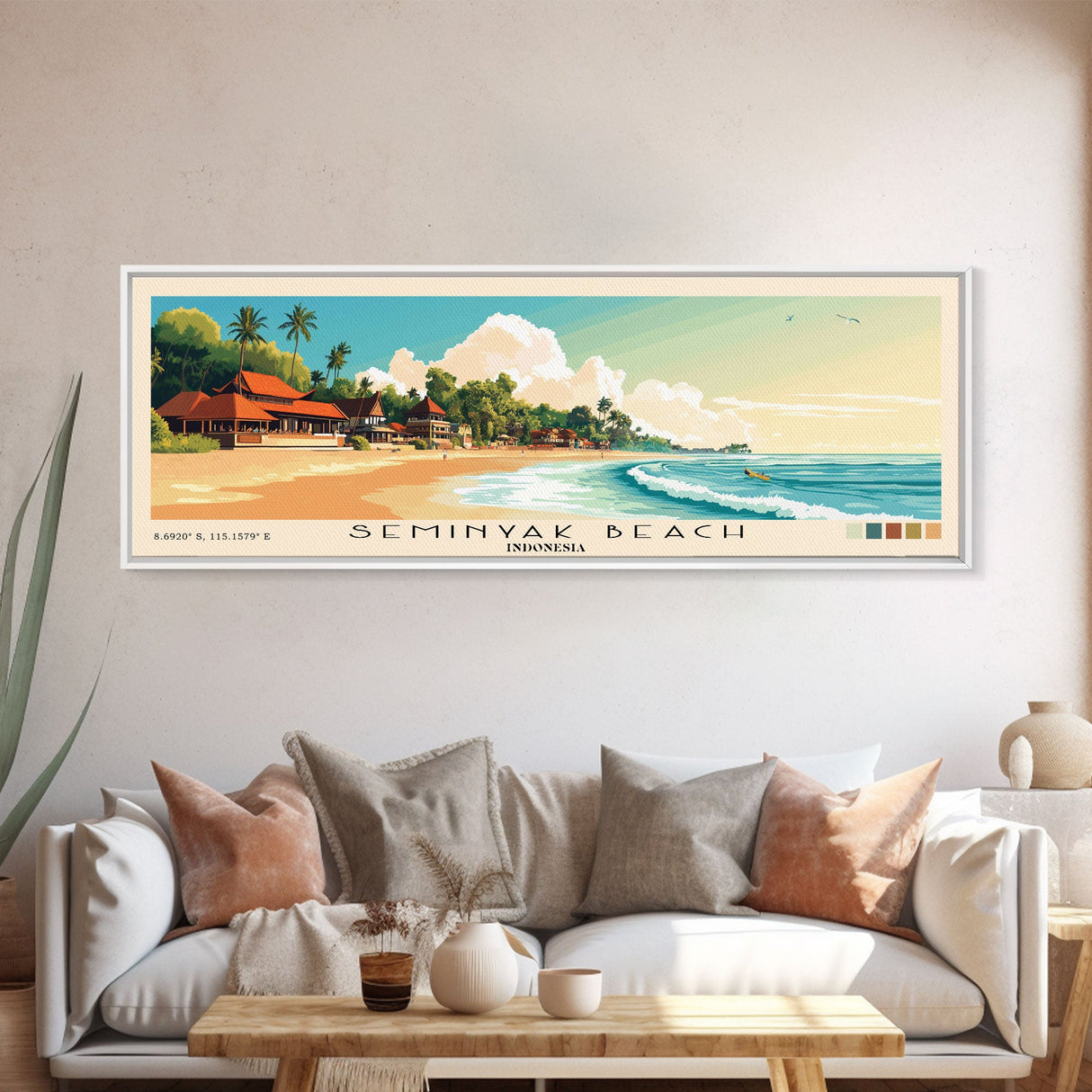 Seminyak Beach, Indonesia Panoramic Beach Print, Vacation Gift, Indonesia Wall Art, Framed Canvas Print, Framed Beach Painting