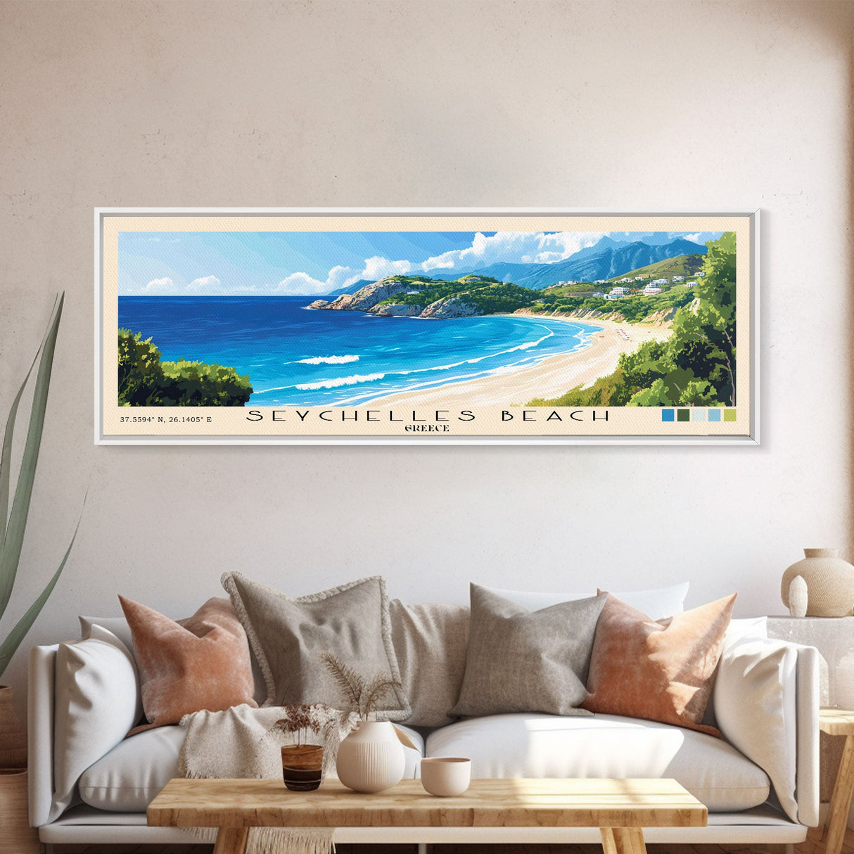 Seychelles Beach, Greece Panoramic Beach Print, Vacation Gift, Greece Wall Art, Framed Canvas Print, Framed Beach Painting