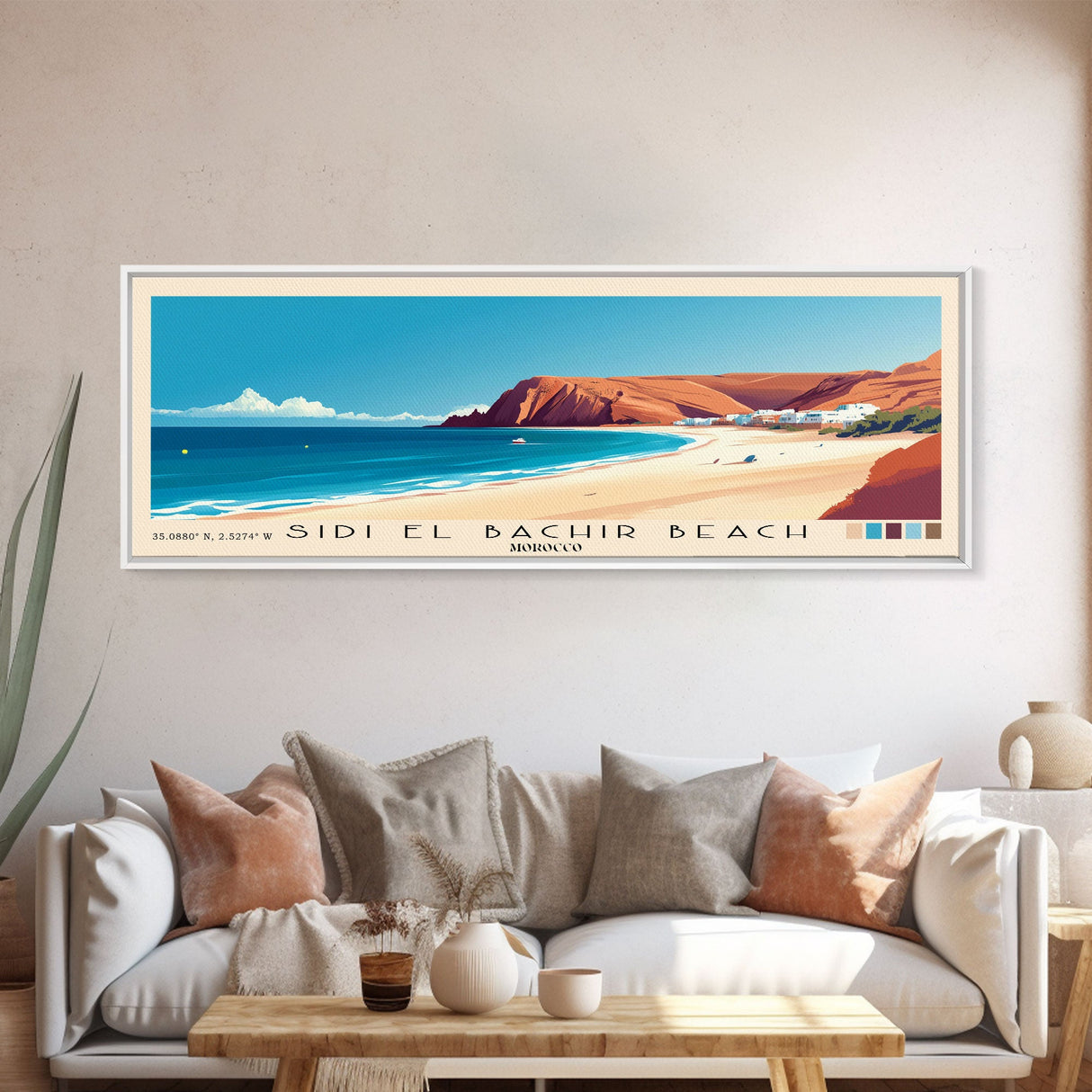 Sidi El Bachir beach, Morocco Panoramic Print, Vacation Gift, Morocco Wall Art, Beach Painting, Beach Decor, Large Wall Art, Wood Frame Art