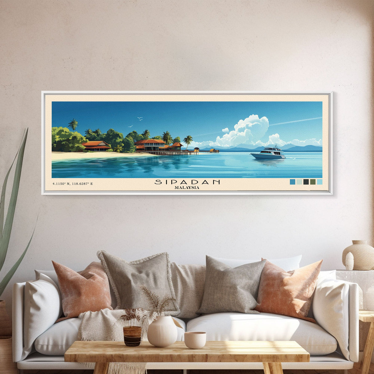 Sipadan, Malaysia Panoramic Print, Vacation Gift, Malaysia Wall Art, Beach Painting, Beach Decor, Large Wall Art, Wood Frame Art