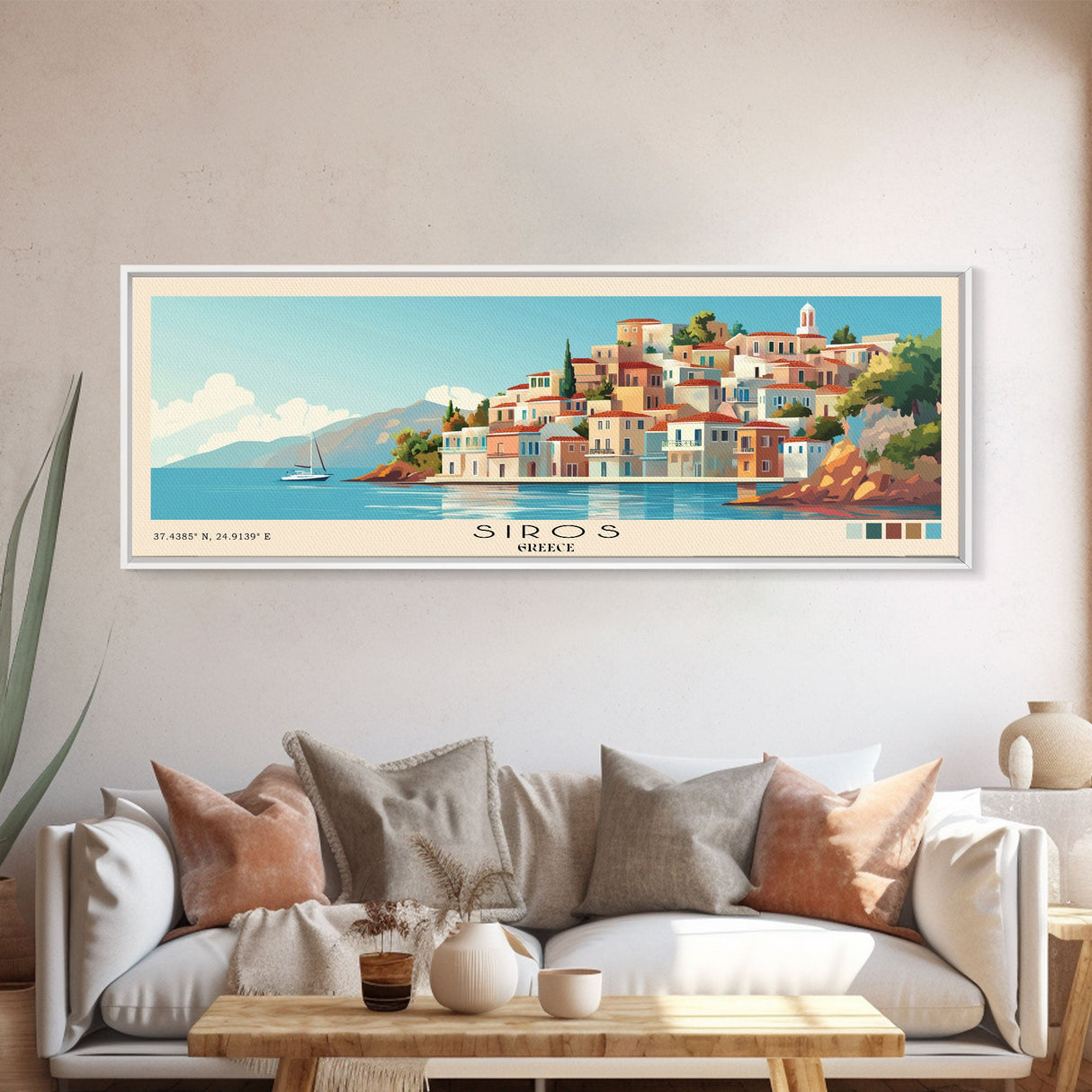 Siros, Greece Panoramic Print, Vacation Gift, Greece Wall Art, Beach Painting, Beach Decor, Beach Or Lakehouse Art