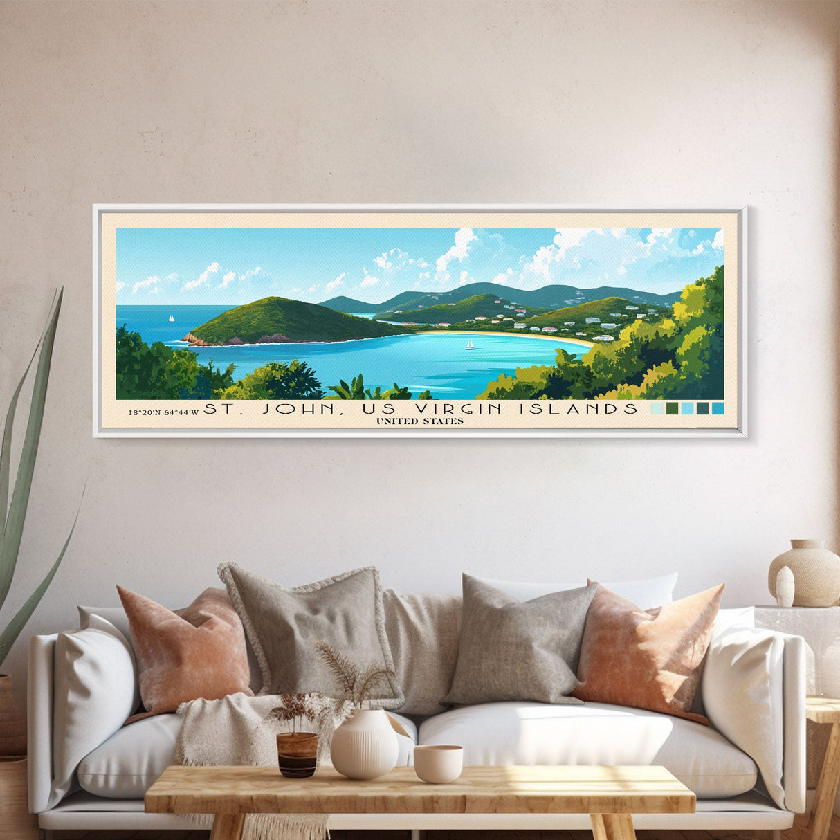 St. John, US Virgin Islands, United States Panoramic Beach Print, Vacation Gift, United States Wall Art, Framed Canvas Print, Framed Beach Painting