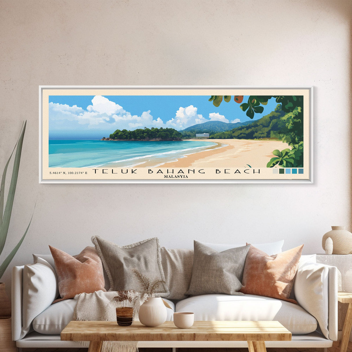 Teluk Bahang Beach, Malasyia Panoramic Print, Vacation Gift, Malasyia Wall Art, Beach Painting, Beach Decor, Large Wall Art, Wood Frame Art