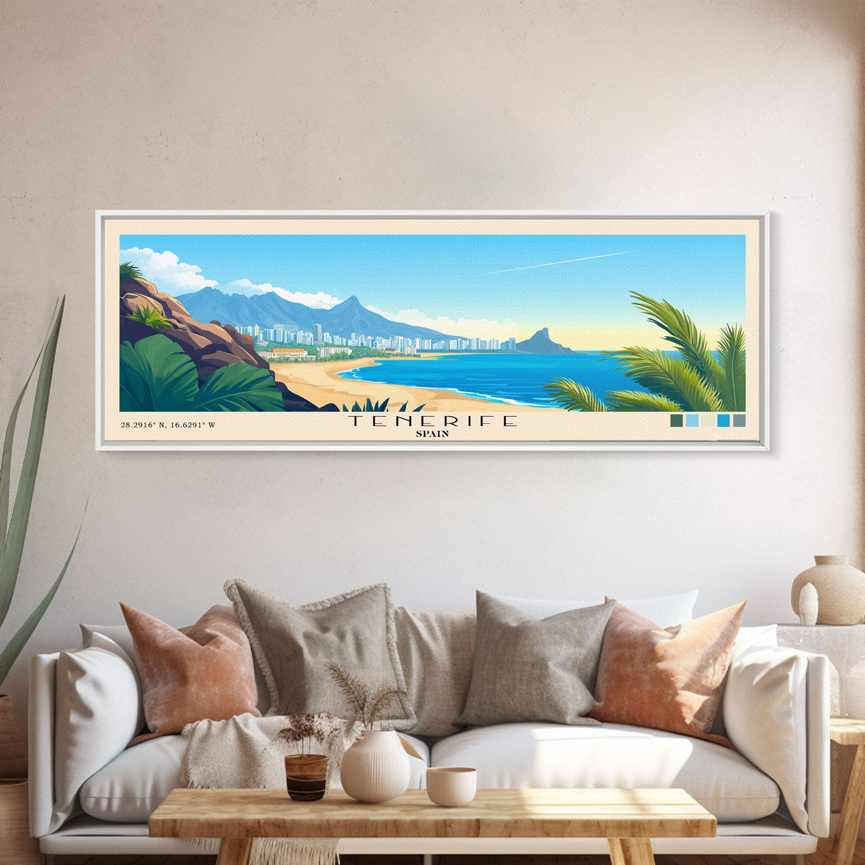 Tenerife, Spain Panoramic Beach Print, Vacation Gift, Spain Wall Art, Framed Canvas Print, Framed Beach Painting