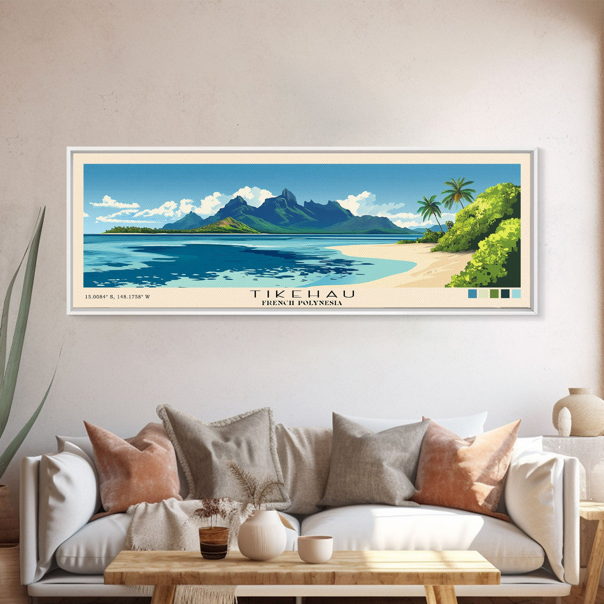 Tikehau, French Polynesia Panoramic Print, Vacation Gift, French Polynesia Wall Art, Beach Painting, Beach Decor, Large Wall Art, Wood Frame Art