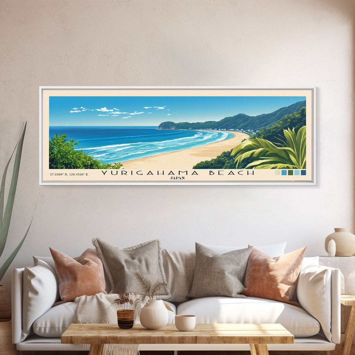 Yurigahama Beach, Japan Panoramic Print, Vacation Gift, Japan Wall Art, Beach Painting, Beach Decor, Large Wall Art, Wood Frame Art