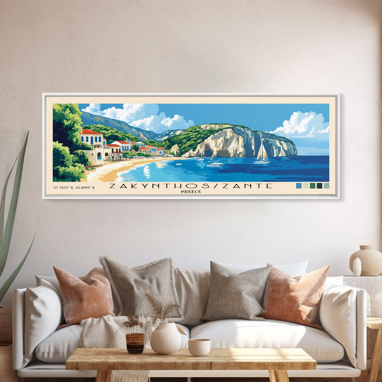 Zakynthos/Zante, Greece Panoramic Beach Print, Vacation Gift, Greece Wall Art, Framed Canvas Print, Framed Beach Painting