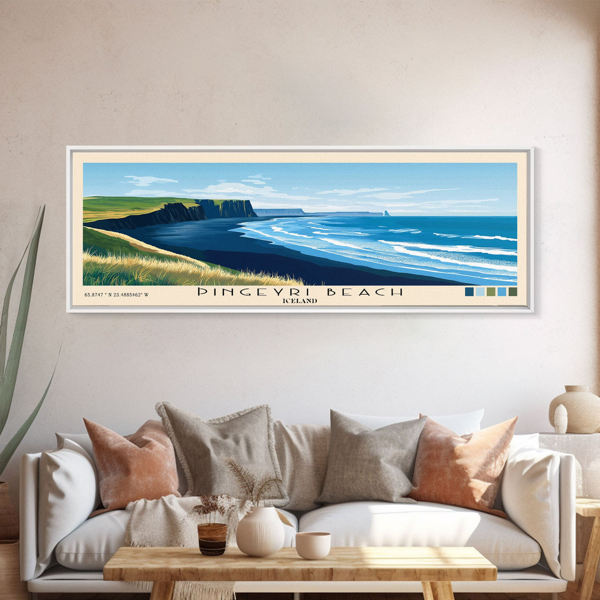 Þingeyri Beach, Iceland Panoramic Beach Print, Vacation Gift, Iceland Wall Art, Framed Canvas Print, Framed Beach Painting