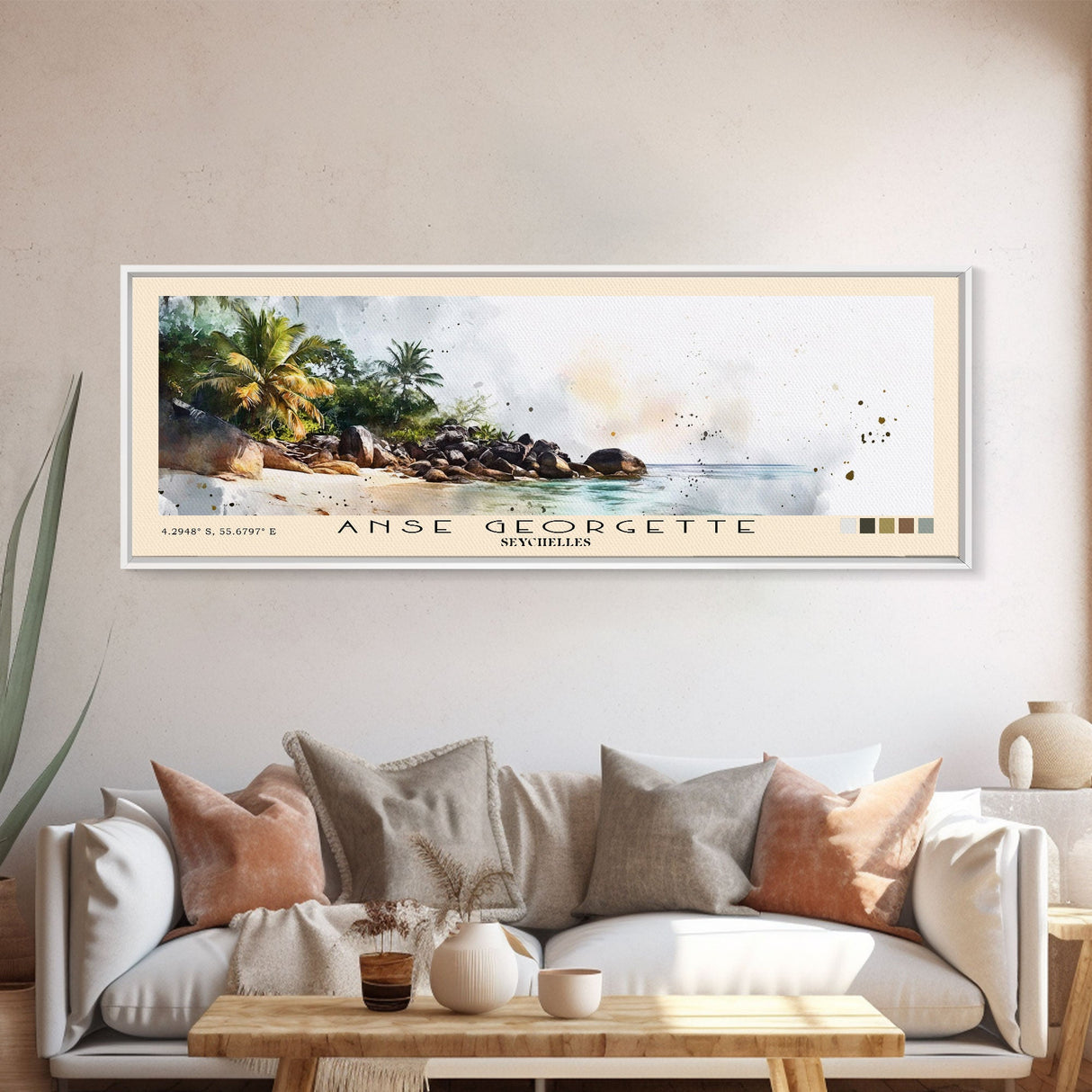 Anse Georgette, Seychelles Watercolor Beach Print, Vacation Gift, Seychelles Wall Art, Framed Canvas Print, Framed Beach Painting