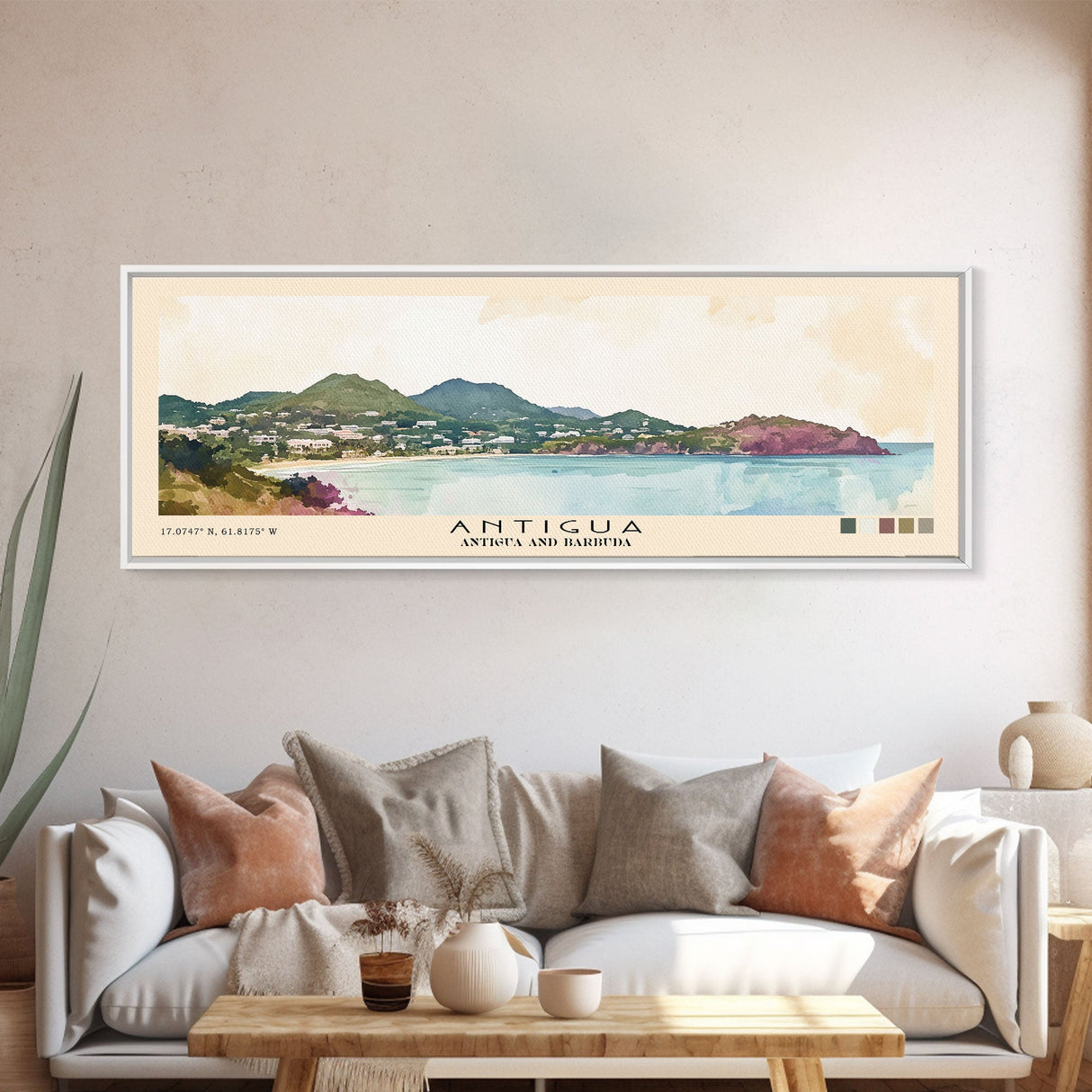 Antigua, Antigua and Barbuda Watercolor Beach Print, Vacation Gift, Antigua and Barbuda Wall Art, Framed Canvas Print, Framed Beach Painting