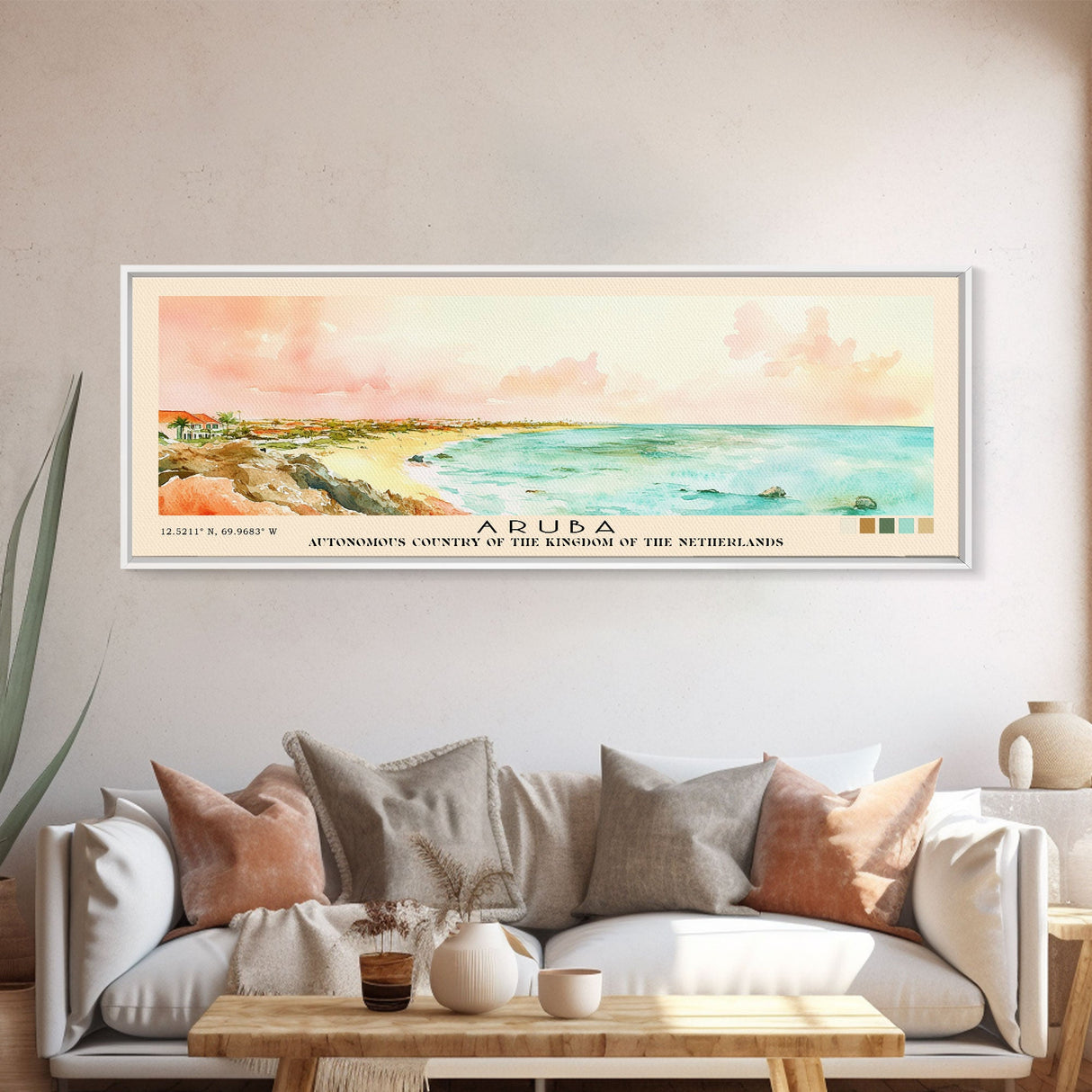 Aruba, autonomous country of the Kingdom of the Netherlands Watercolor Beach Print, Vacation Gift, autonomous country of the Kingdom of the Netherlands Wall Art, Framed Canvas Print, Framed Beach Painting