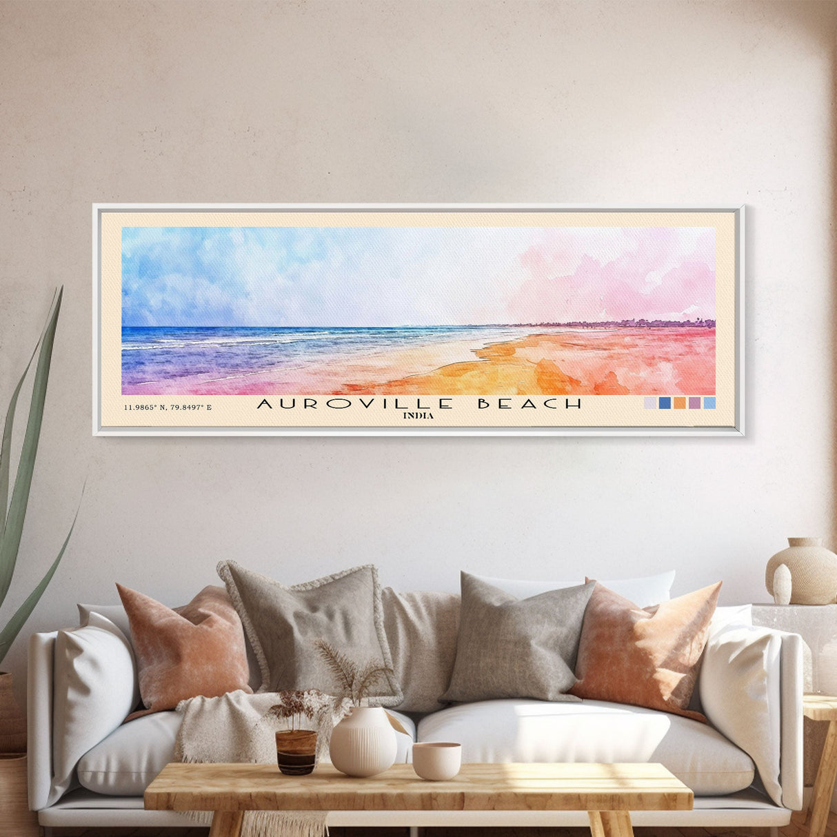 Auroville Beach, India Watercolor Beach Print, Vacation Gift, India Wall Art, Framed Canvas Print, Framed Beach Painting