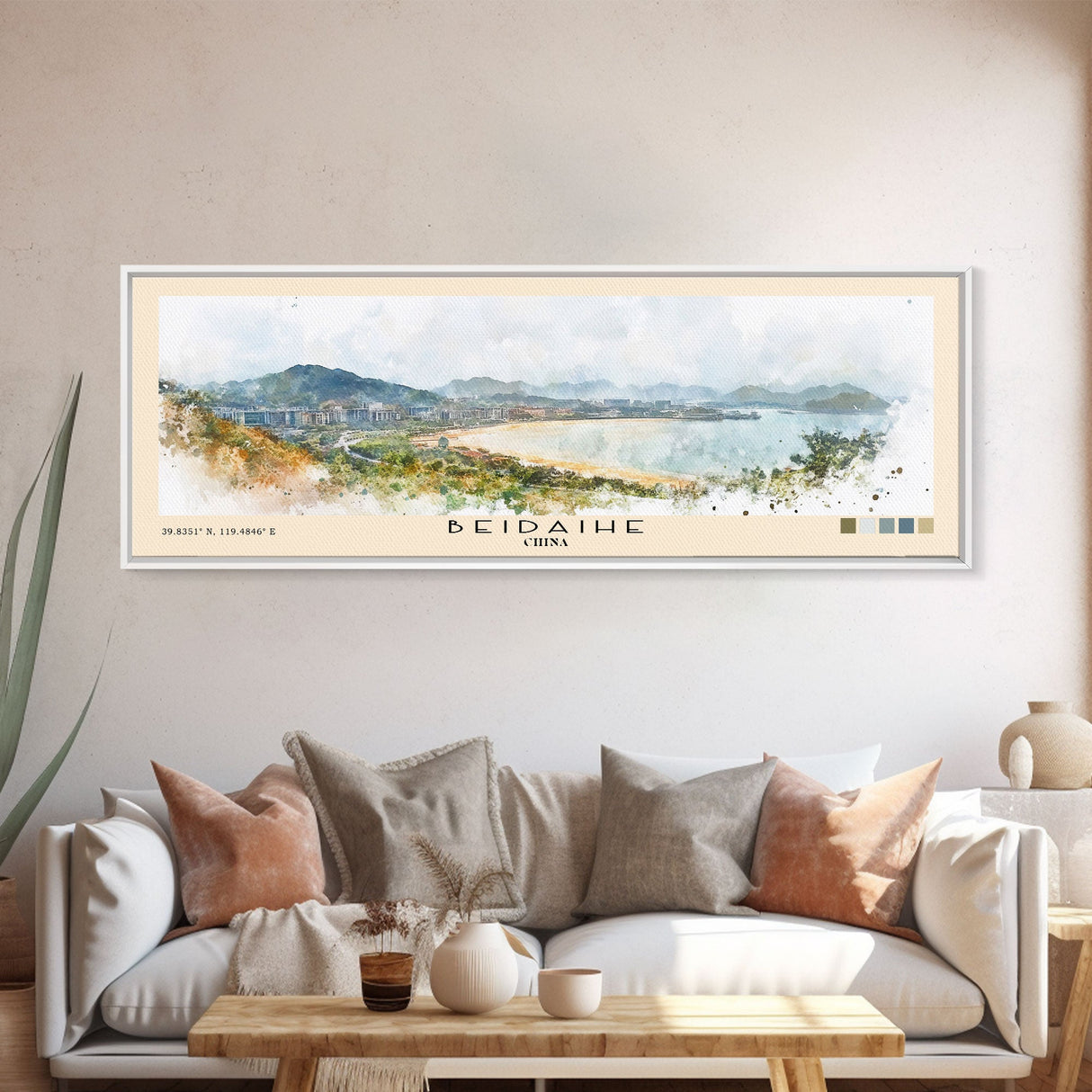 Beidaihe, China Watercolor Beach Print, Vacation Gift, China Wall Art, Framed Canvas Print, Framed Beach Painting