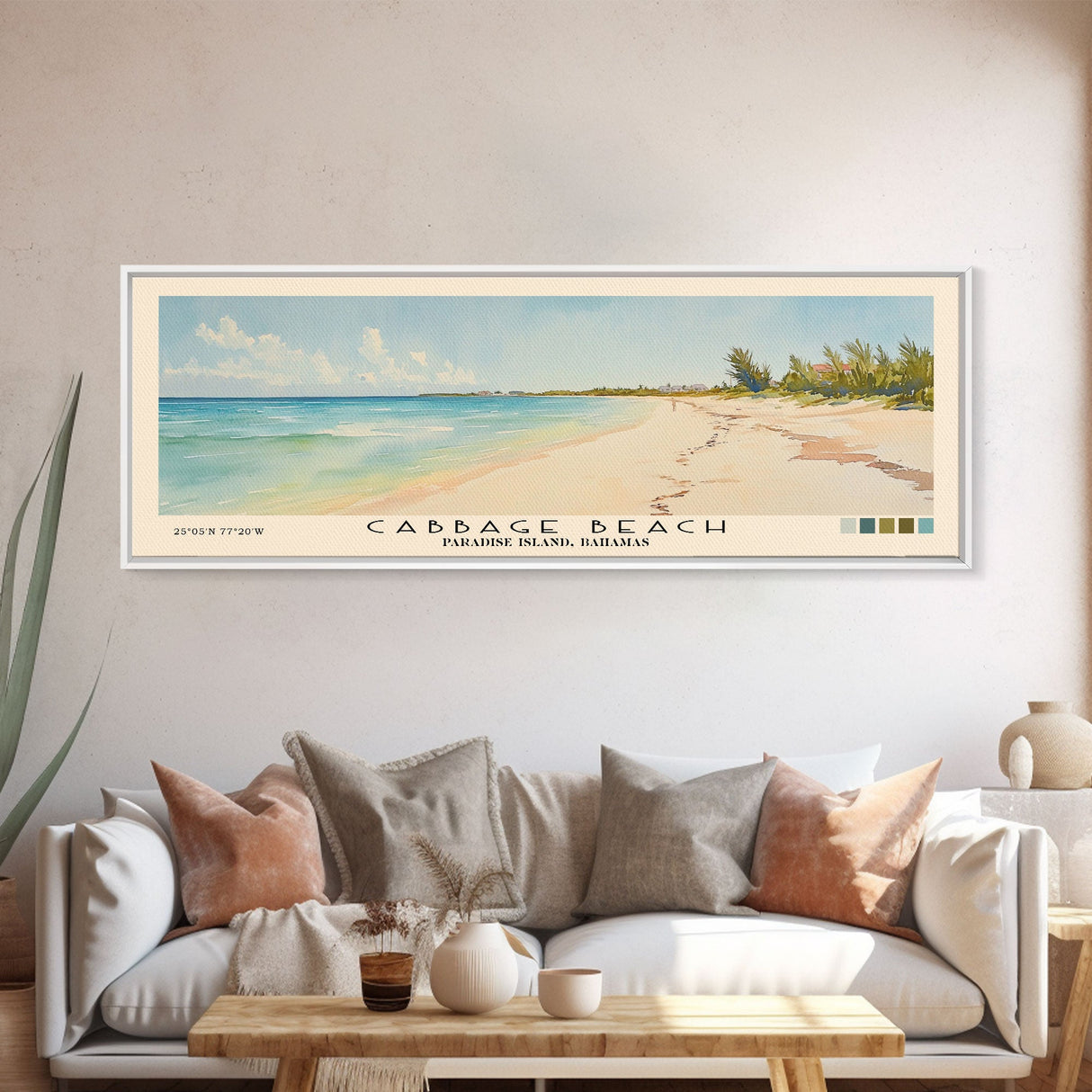 Cabbage Beach, Paradise Island, Bahamas Watercolor Beach Print, Vacation Gift, Paradise Island, Bahamas Wall Art, Framed Canvas Print, Framed Beach Painting