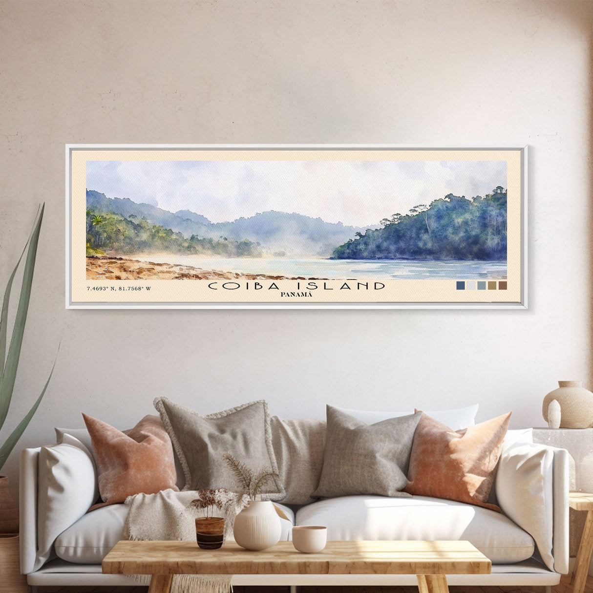 Coiba Island, Panamá Watercolor Beach Print, Vacation Gift, Panamá Wall Art, Framed Canvas Print, Framed Beach Painting