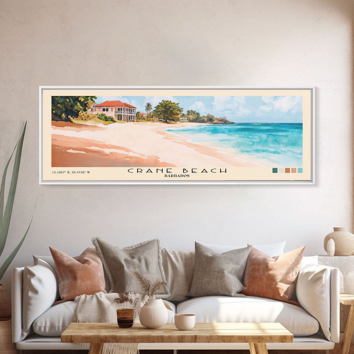 Crane Beach, Barbados Watercolor Beach Print, Vacation Gift, Barbados Wall Art, Framed Canvas Print, Framed Beach Painting