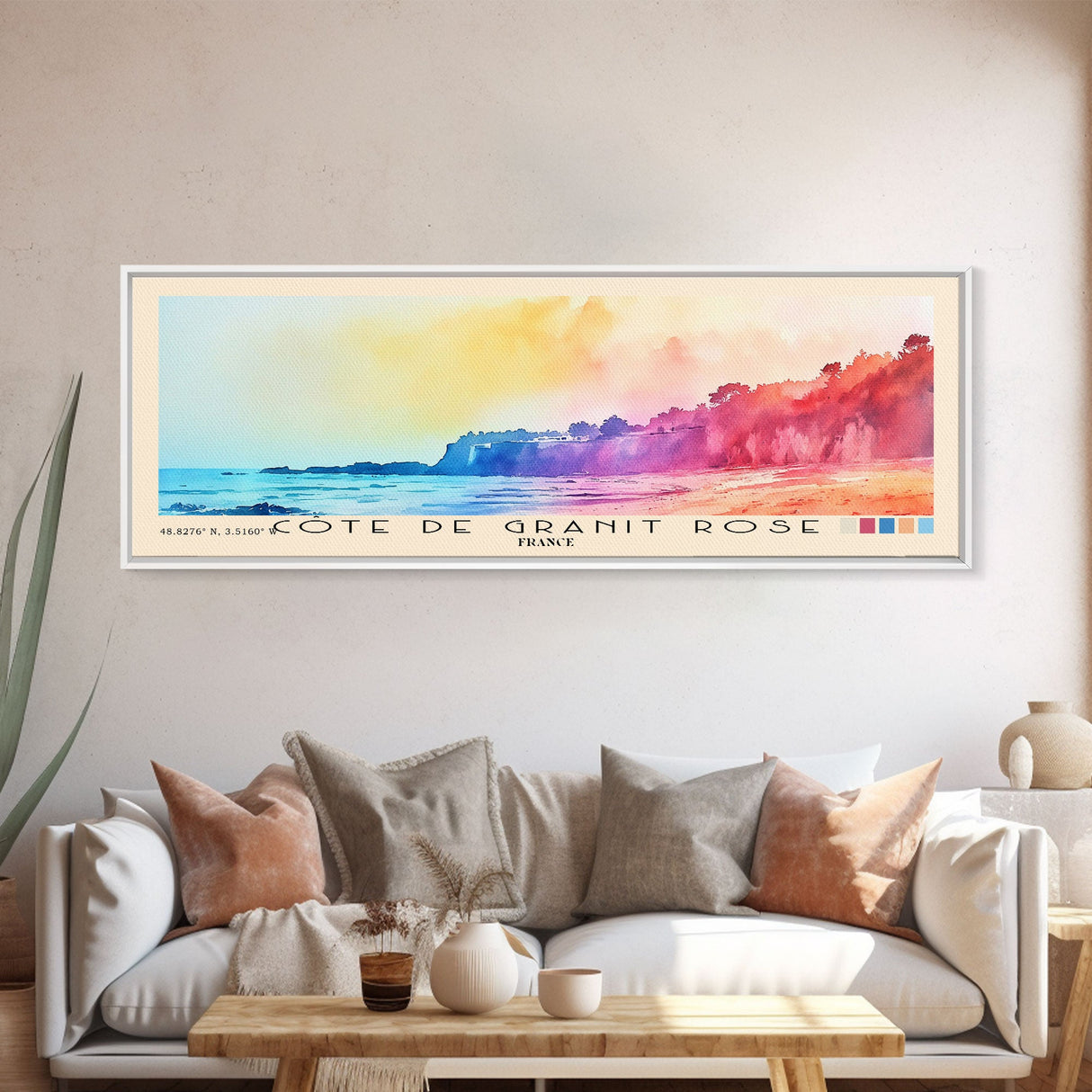 Côte de Granit Rose, France Watercolor Beach Print, Vacation Gift, France Wall Art, Framed Canvas Print, Framed Beach Painting