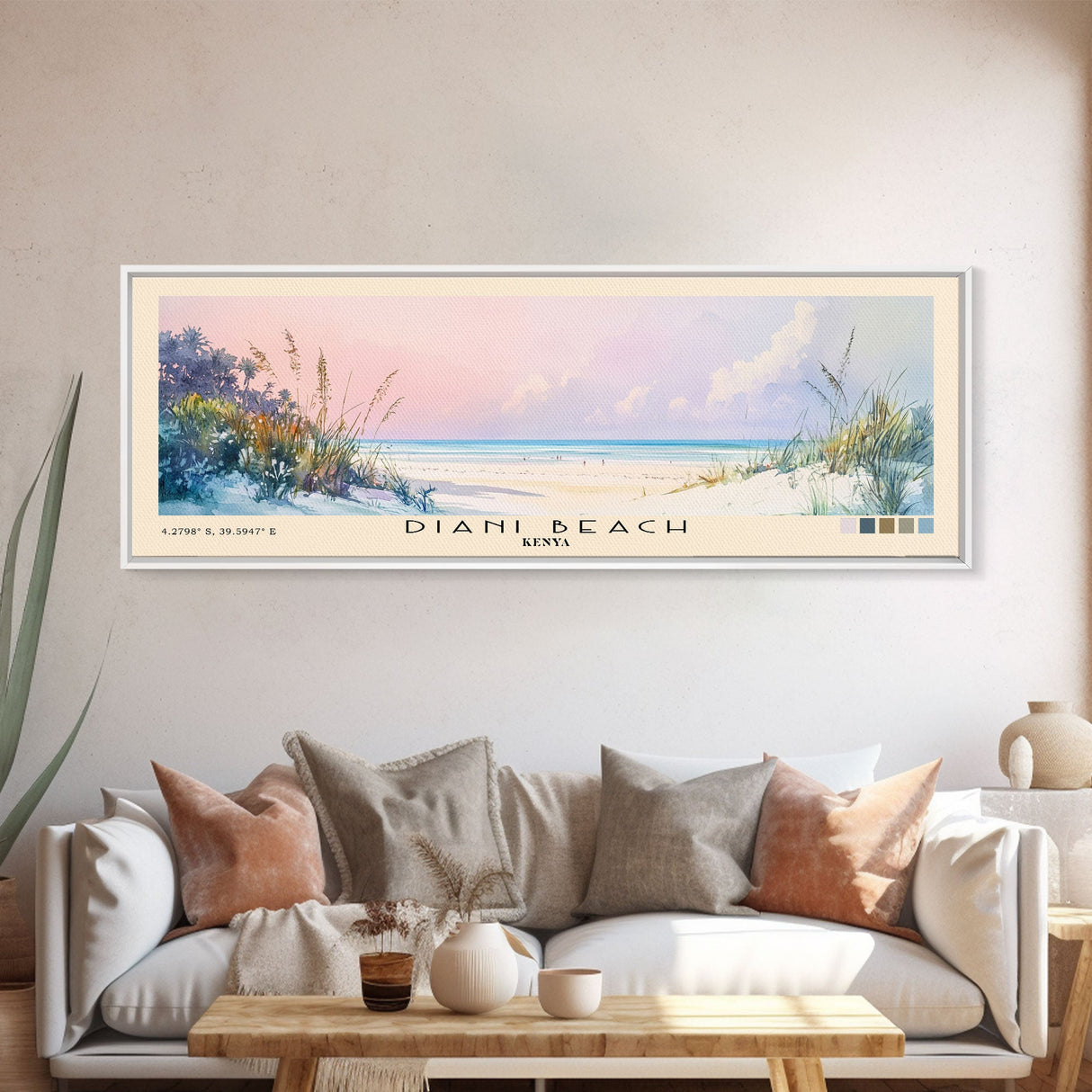 Diani Beach, Kenya Watercolor Beach Print, Vacation Gift, Kenya Wall Art, Framed Canvas Print, Framed Beach Painting