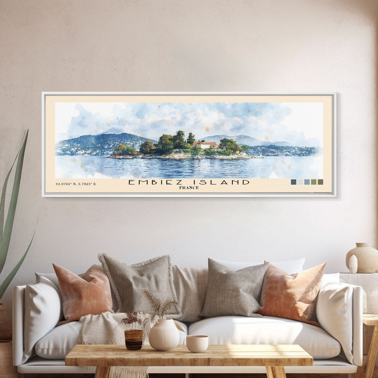 Embiez Island, France Watercolor Beach Print, Vacation Gift, France Wall Art, Framed Canvas Print, Framed Beach Painting