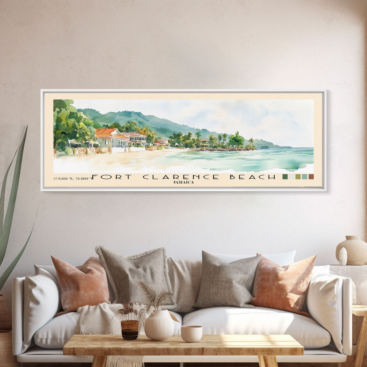 Fort Clarence Beach, Jamaica Watercolor Beach Print, Vacation Gift, Jamaica Wall Art, Framed Canvas Print, Framed Beach Painting