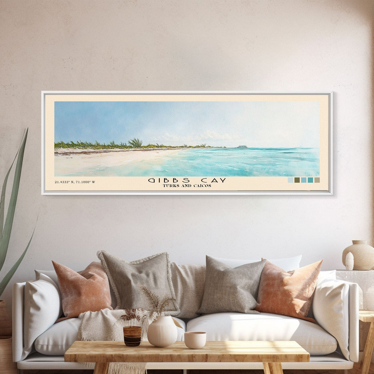 Gibbs Cay, Turks and Caicos Watercolor Beach Print, Vacation Gift, Turks and Caicos Wall Art, Framed Canvas Print, Framed Beach Painting