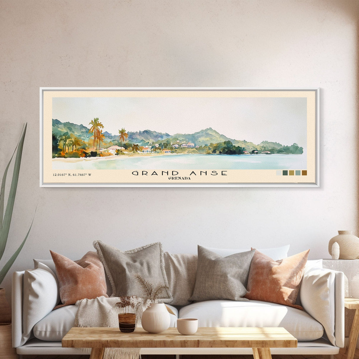 Grand Anse, Grenada Watercolor Beach Print, Vacation Gift, Grenada Wall Art, Framed Canvas Print, Framed Beach Painting