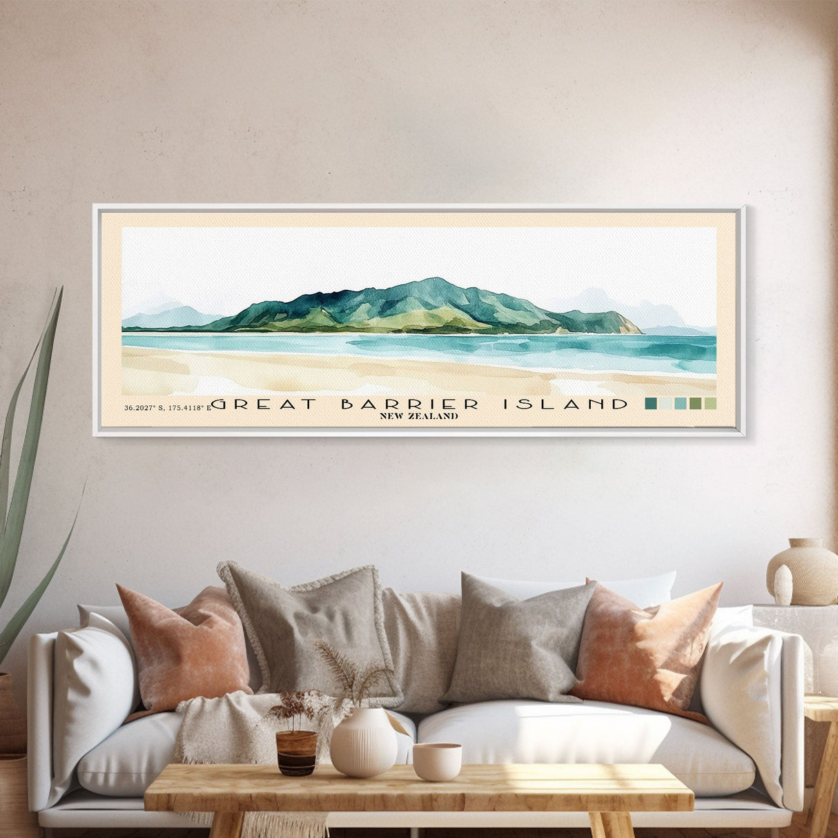 Great Barrier Island, New Zealand Watercolor Beach Print, Vacation Gift, New Zealand Wall Art, Framed Canvas Print, Framed Beach Painting