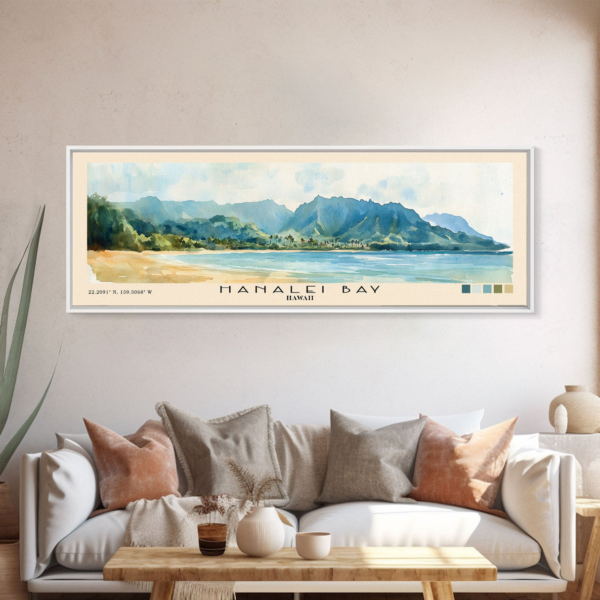 Hanalei Bay, Hawaii Watercolor Beach Print, Vacation Gift, Hawaii Wall Art, Framed Canvas Print, Framed Beach Painting