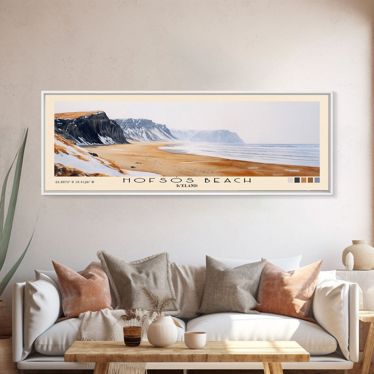 Hofsós Beach, Iceland Watercolor Beach Print, Vacation Gift, Iceland Wall Art, Framed Canvas Print, Framed Beach Painting