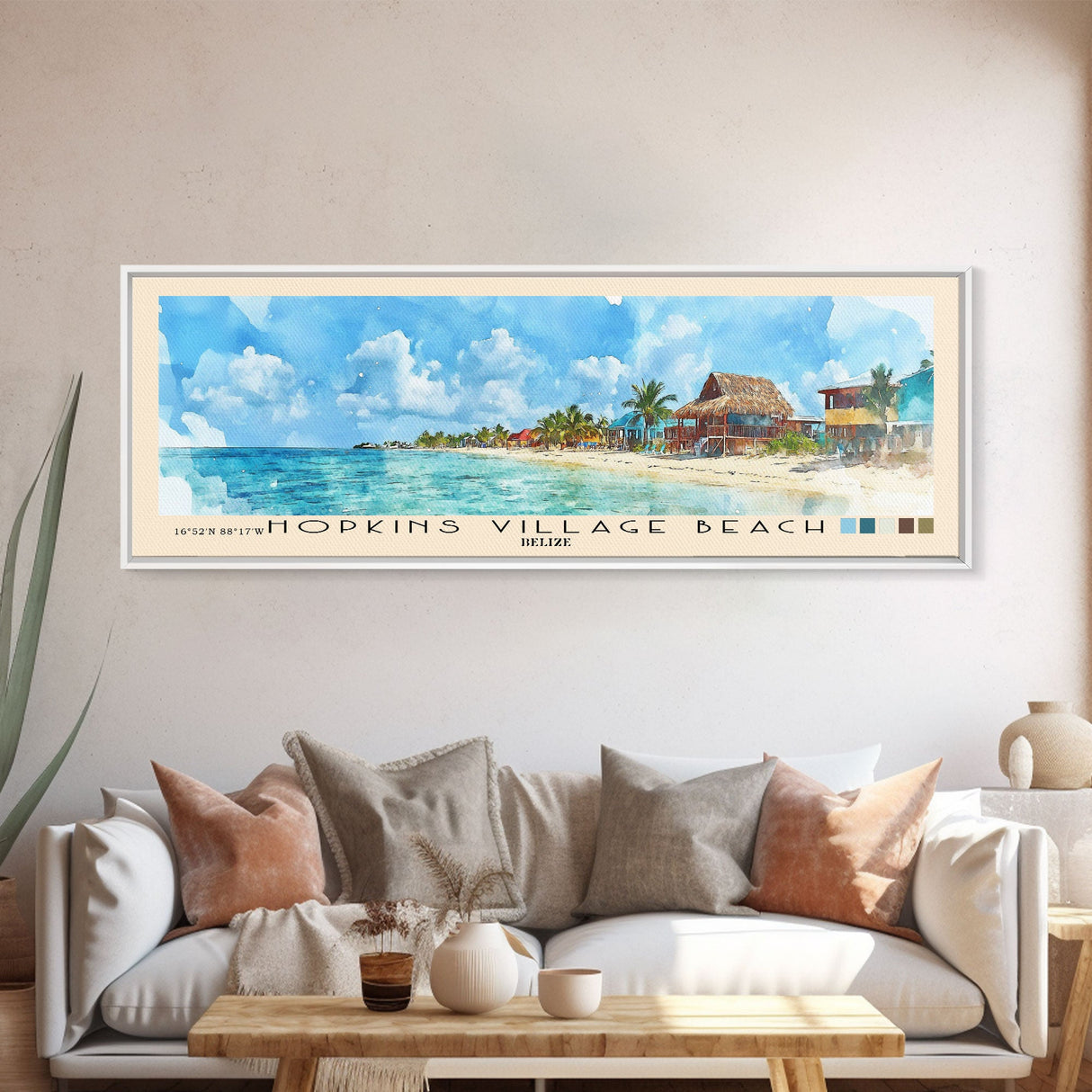 Hopkins Village Beach, Belize Watercolor Beach Print, Vacation Gift, Belize Wall Art, Framed Canvas Print, Framed Beach Painting