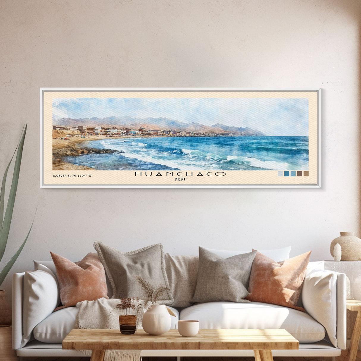 Huanchaco, Peru Watercolor Beach Print, Vacation Gift, Peru Wall Art, Framed Canvas Print, Framed Beach Painting