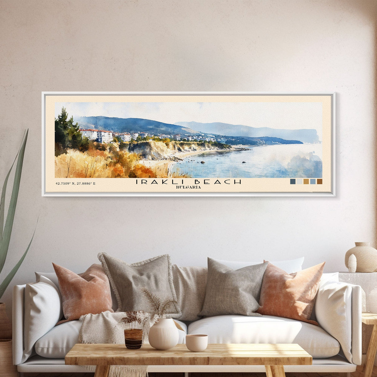 Irakli Beach, Bulgaria Watercolor Beach Print, Vacation Gift, Bulgaria Wall Art, Framed Canvas Print, Framed Beach Painting