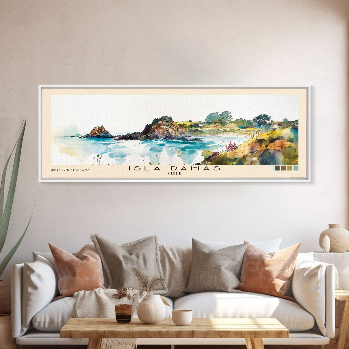 Isla Damas, Chile Watercolor Beach Print, Vacation Gift, Chile Wall Art, Framed Canvas Print, Framed Beach Painting