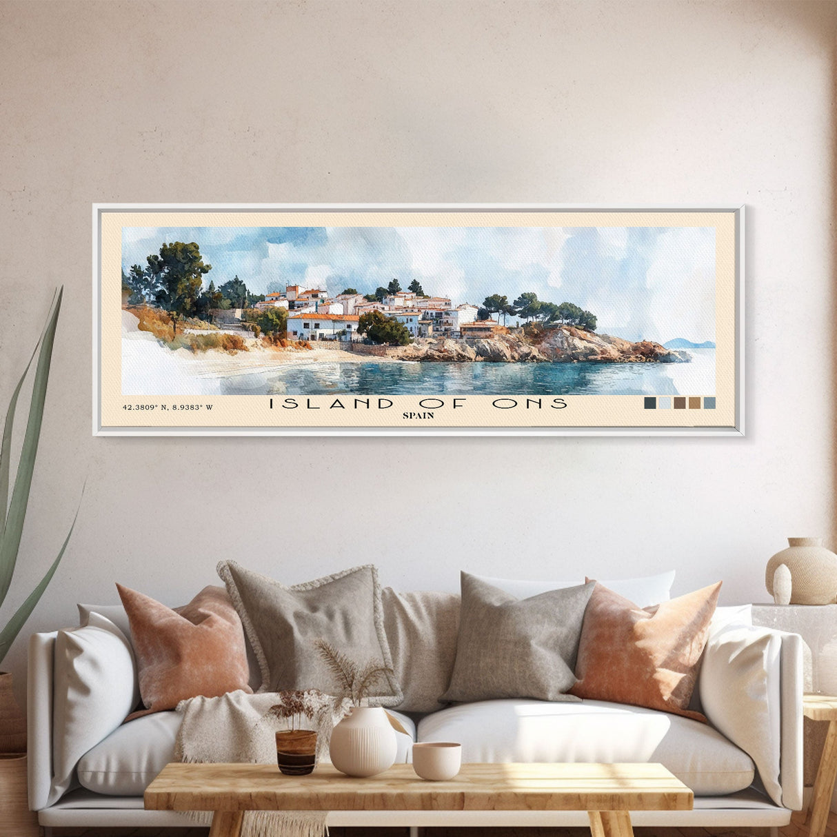 Island of Ons, Spain Watercolor Beach Print, Vacation Gift, Spain Wall Art, Framed Canvas Print, Framed Beach Painting