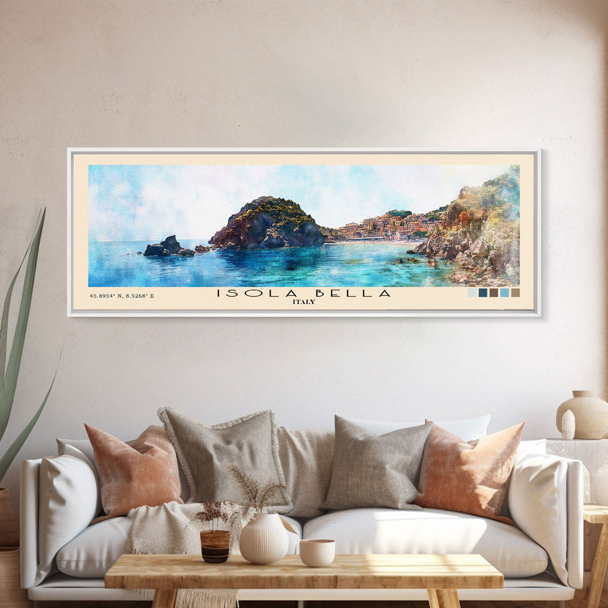 Isola Bella, Italy Watercolor Beach Print, Vacation Gift, Italy Wall Art, Framed Canvas Print, Framed Beach Painting