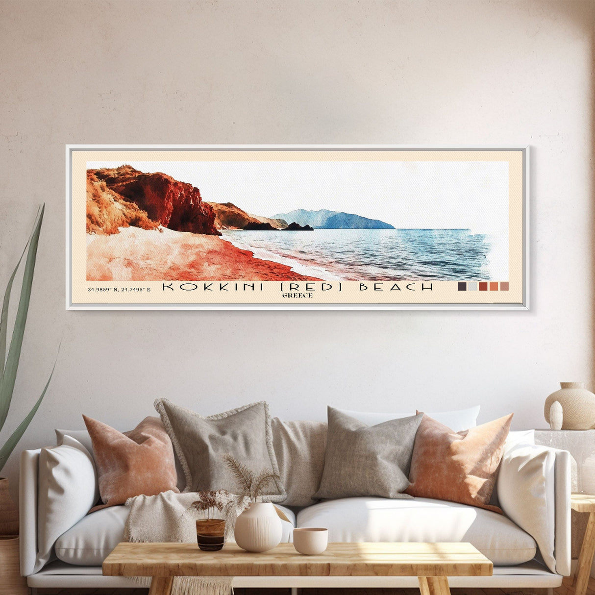 Kokkini (Red) Beach, Greece Watercolor Beach Print, Vacation Gift, Greece Wall Art, Framed Canvas Print, Framed Beach Painting