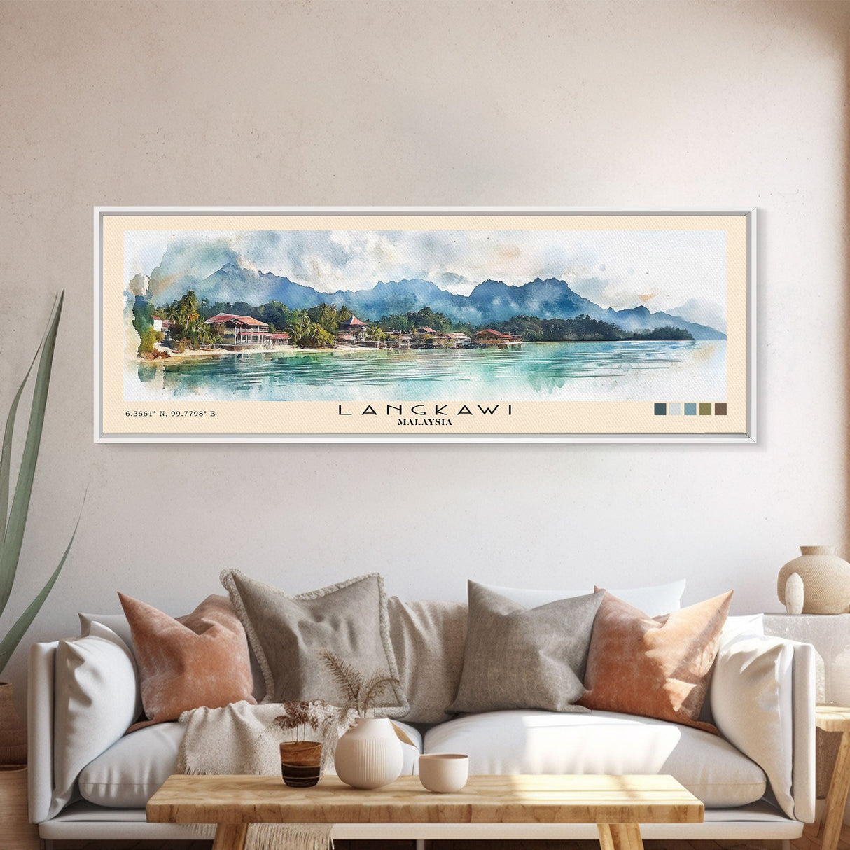 Langkawi, Malaysia Watercolor Beach Print, Vacation Gift, Malaysia Wall Art, Framed Canvas Print, Framed Beach Painting