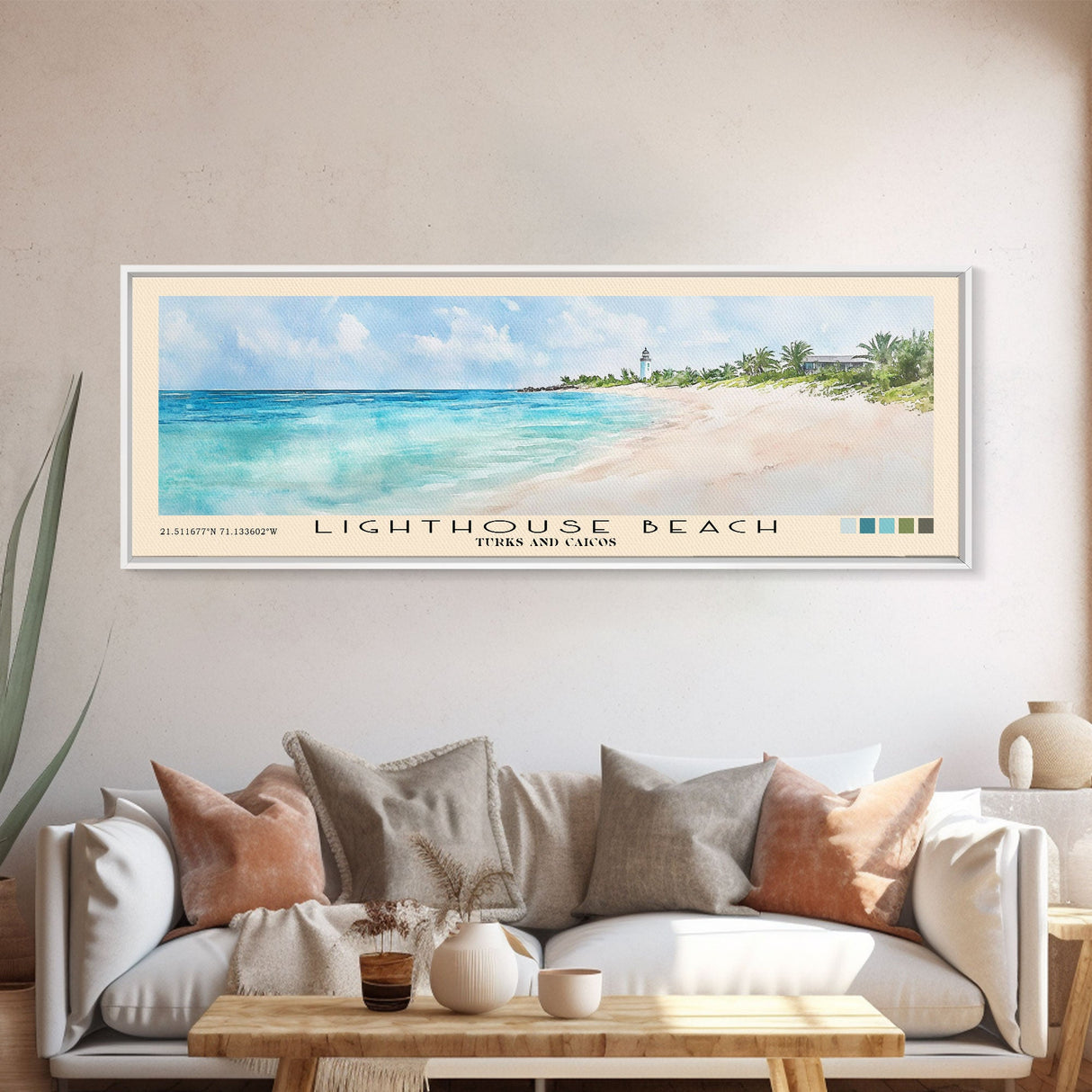 Lighthouse Beach, Turks and Caicos Watercolor Beach Print, Vacation Gift, Turks and Caicos Wall Art, Framed Canvas Print, Framed Beach Painting