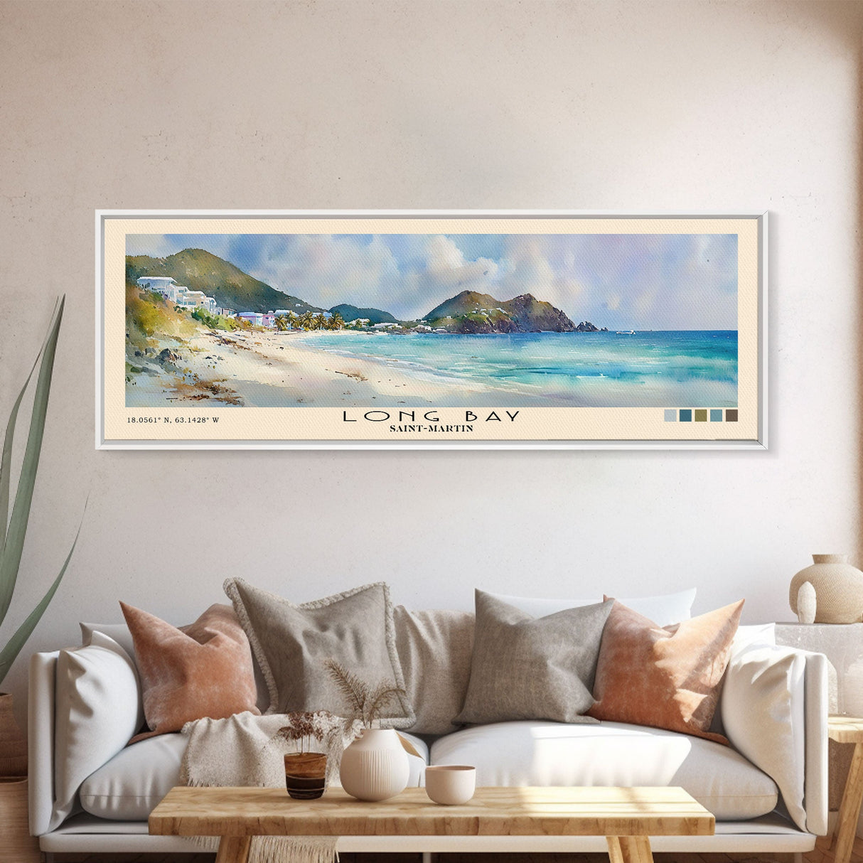 Long Bay, Saint-Martin Watercolor Print, Vacation Gift, Saint-Martin Wall Art, Beach Painting, Beach Decor, Large Wall Art, Wood Frame Art