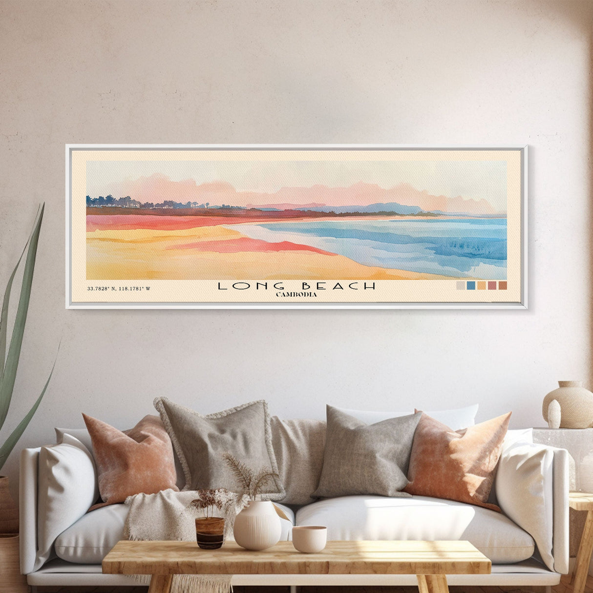 Long Beach, Cambodia Watercolor Beach Print, Vacation Gift, Cambodia Wall Art, Framed Canvas Print, Framed Beach Painting