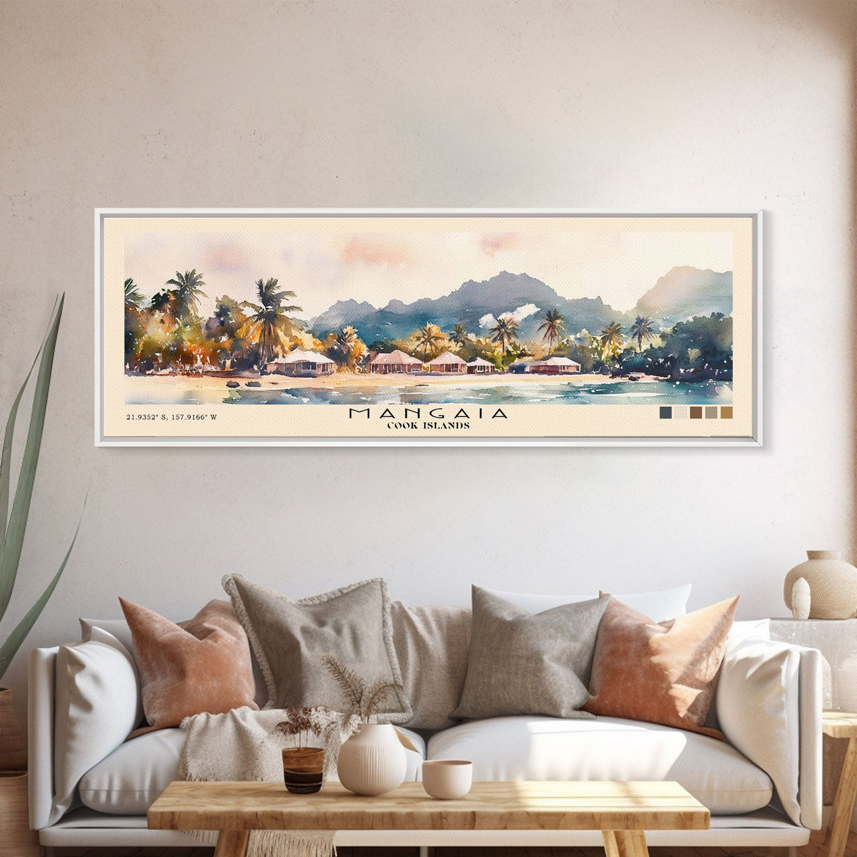 Mangaia, Cook Islands Watercolor Print, Vacation Gift, Cook Islands Wall Art, Beach Painting, Beach Decor, Large Wall Art, Wood Frame Art