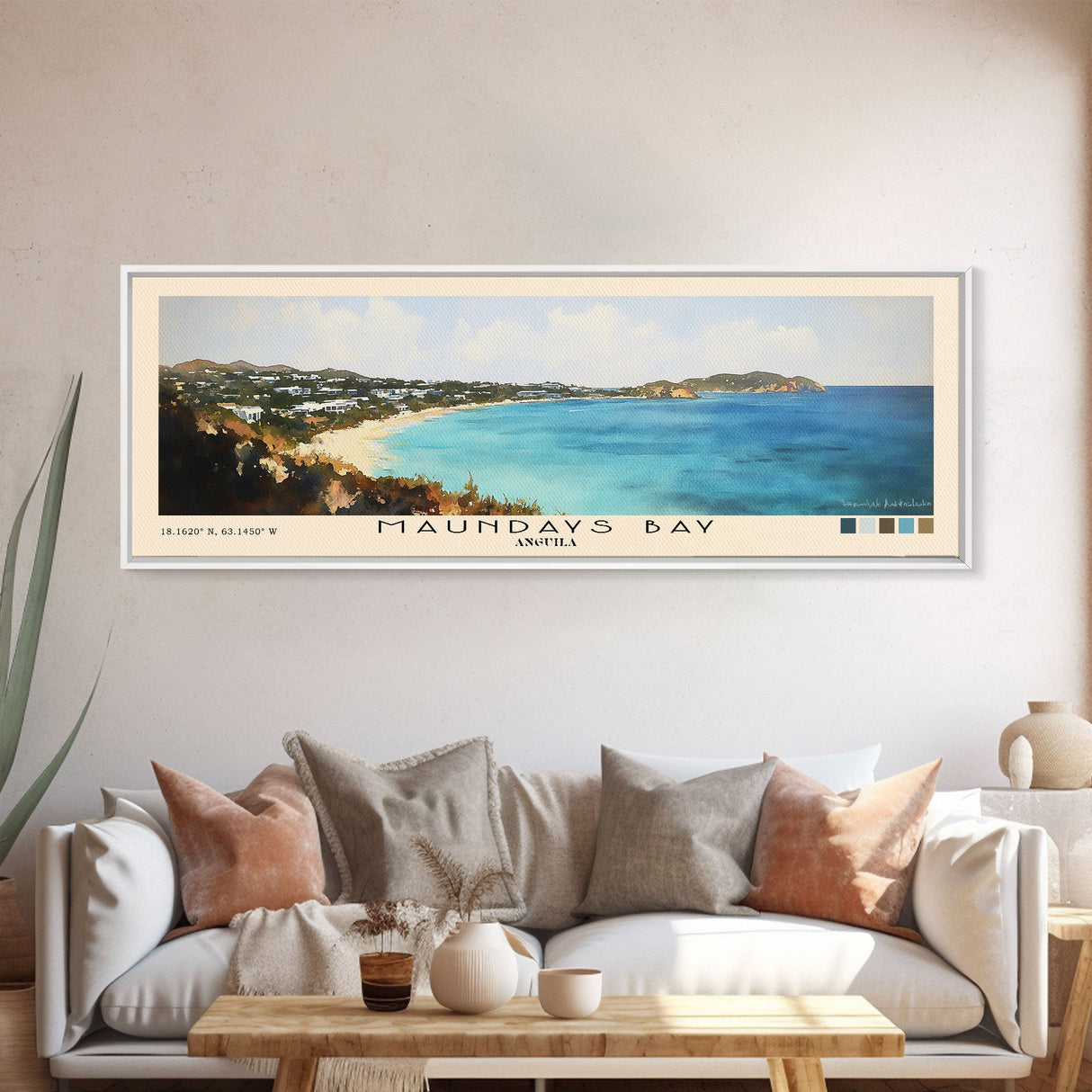 Maundays Bay, Anguila Watercolor Beach Print, Vacation Gift, Anguila Wall Art, Framed Canvas Print, Framed Beach Painting