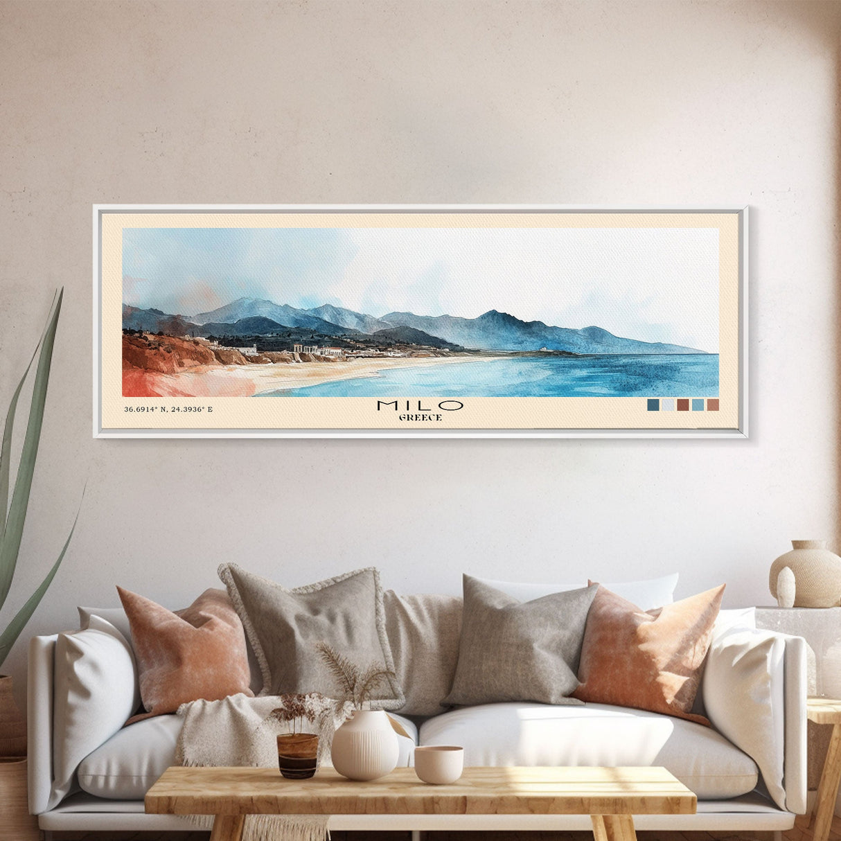 Milo, Greece Watercolor Beach Print, Vacation Gift, Greece Wall Art, Framed Canvas Print, Framed Beach Painting