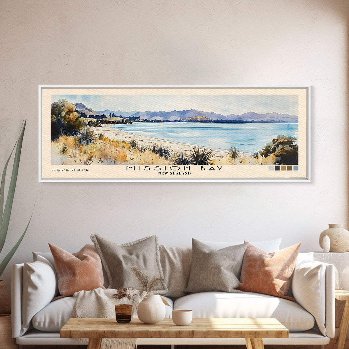 Mission Bay, New Zealand Watercolor Beach Print, Vacation Gift, New Zealand Wall Art, Beach Painting, Beach Decor, Beach Painting