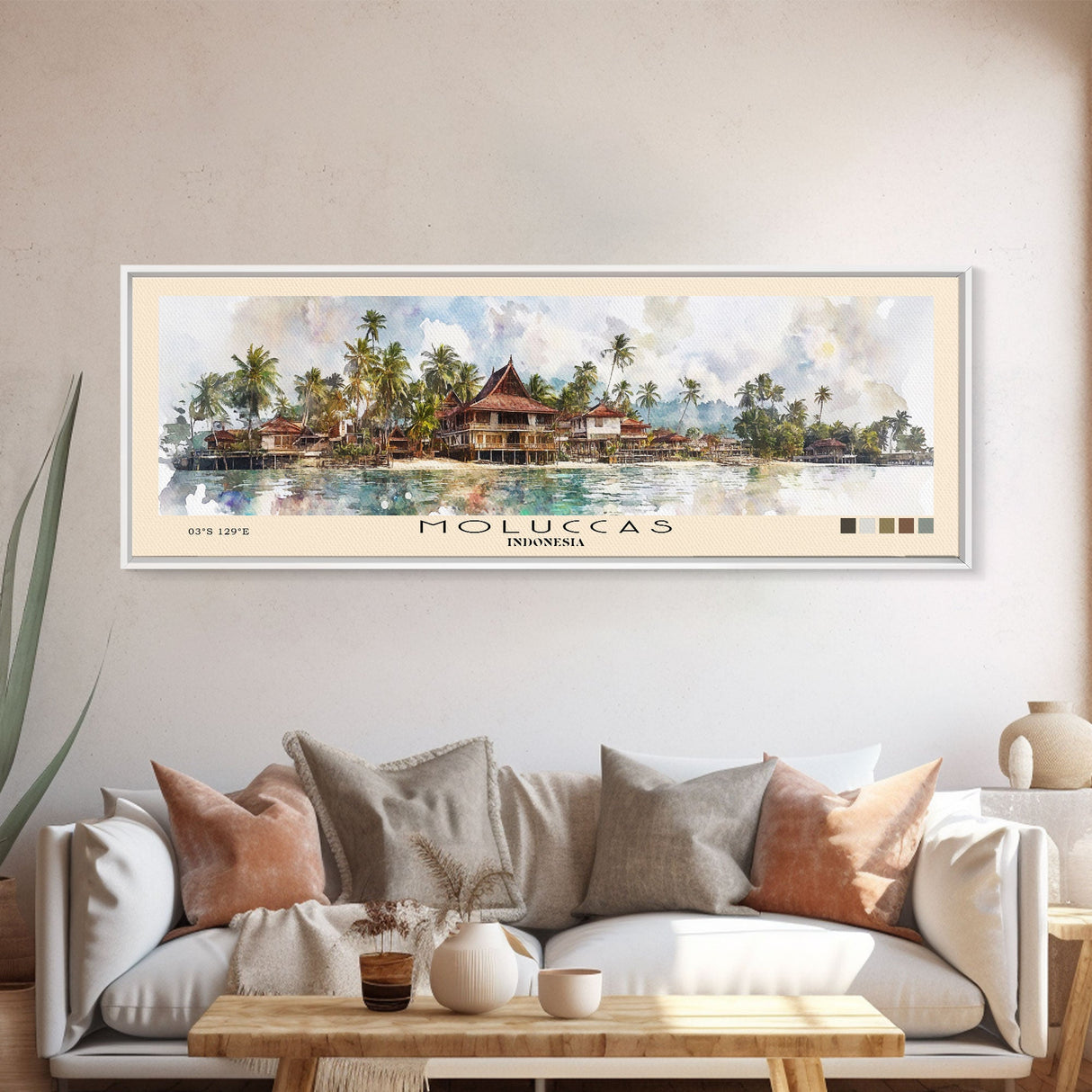 Moluccas, Indonesia Watercolor Beach Print, Vacation Gift, Indonesia Wall Art, Framed Canvas Print, Framed Beach Painting