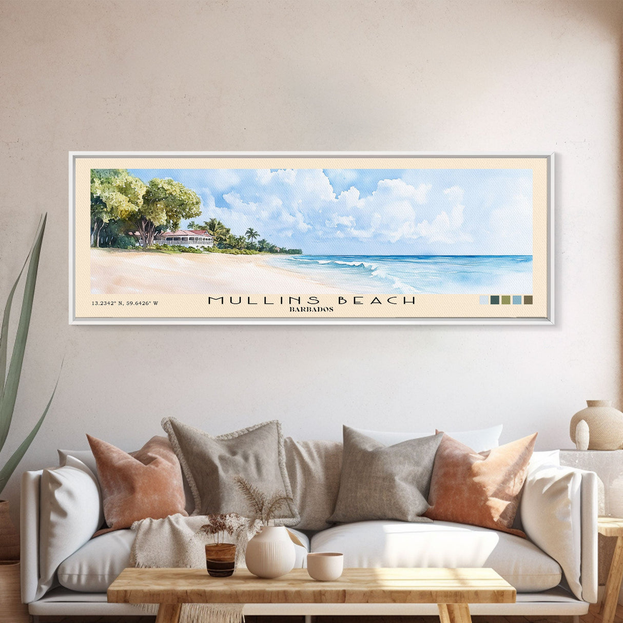 Mullins Beach, Barbados Watercolor Beach Print, Vacation Gift, Barbados Wall Art, Framed Canvas Print, Framed Beach Painting